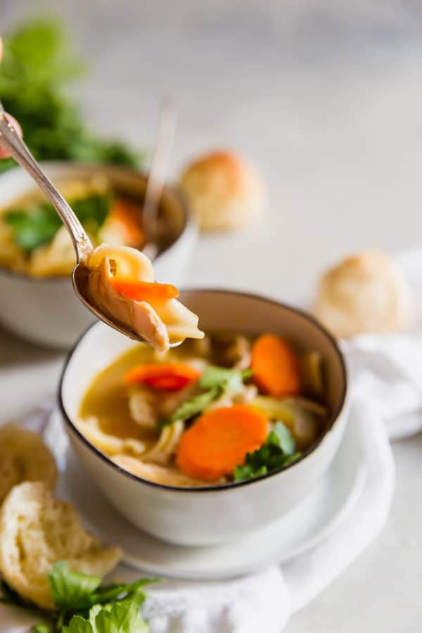 A spoonful of chicken noodle soup with carrot and egg noodle.