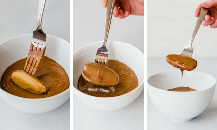 A collage showing a peanut butter egg being dipped in chocolate.