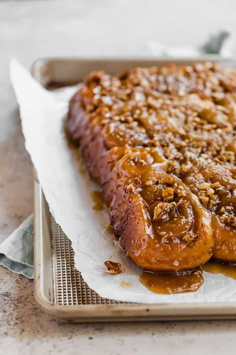 A pan of sticky buns just turned over.