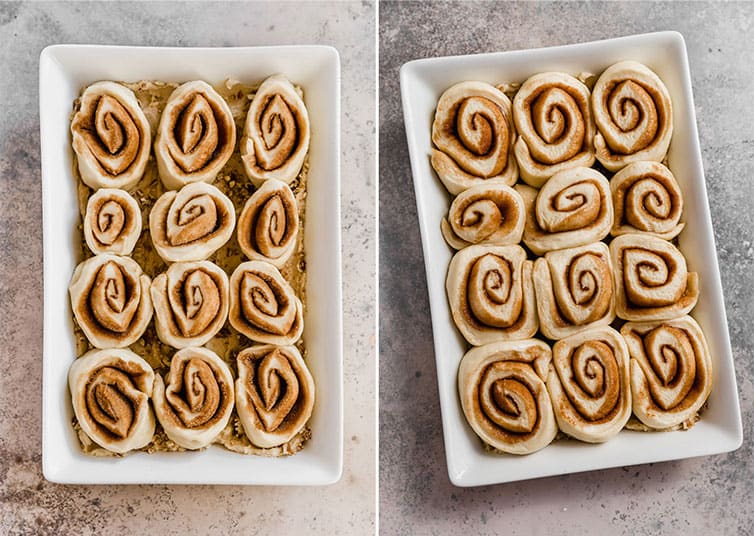 Side by side photos of sticky buns in the pan before and after rising.