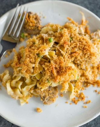 An overhead shot of a plate of turkey tetrazzini.