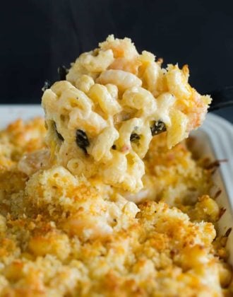 Scooping up a big helping of Cajun shrimp macaroni and cheese.