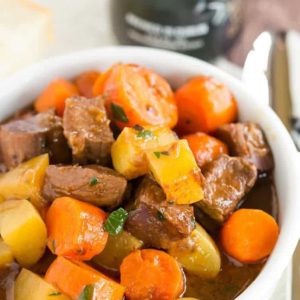 This Guinness Beef Stew recipe is rich and hearty, with a robust gravy-like sauce that is flavored by Guinness. A must for St. Patrick's Day!