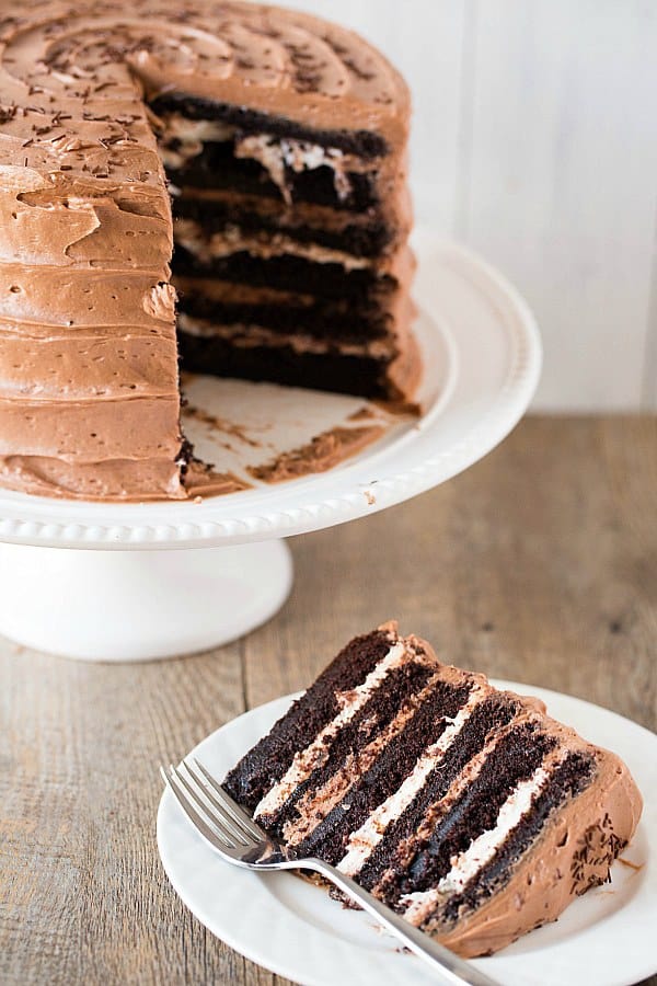 Six-Layer Chocolate Cake with Toasted Marshmallow Filling and Malted Chocolate Frosting