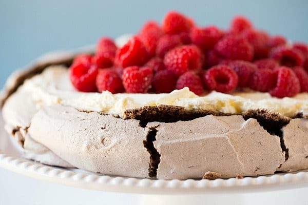 Chocolate Pavlova with Mascarpone Whipped Cream and Raspberries