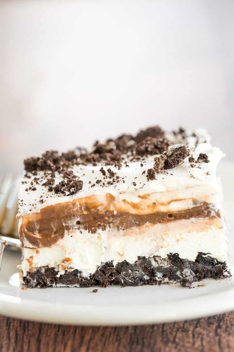 A big slice of No Bake Oreo Layer Dessert.