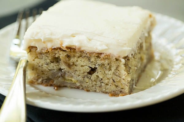 Banana Snack Cake with Cream Cheese Frosting by @browneyedbaker :: www.browneyedbaker.com