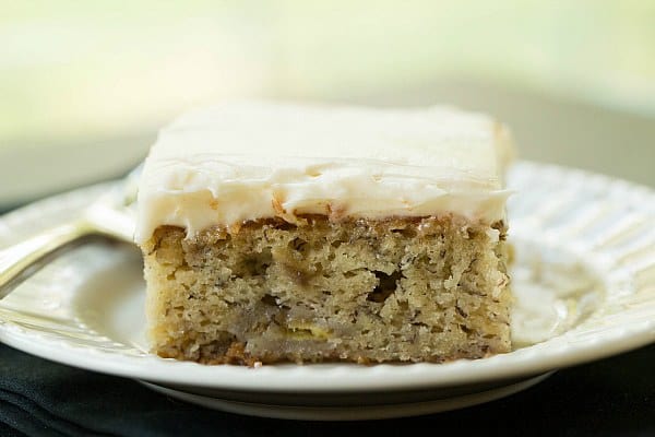 Banana Snack Cake with Cream Cheese Frosting by @browneyedbaker :: www.browneyedbaker.com