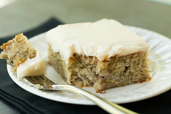 Banana Snack Cake with Cream Cheese Frosting by @browneyedbaker :: www.browneyedbaker.com