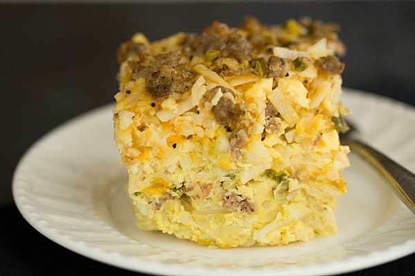 Slow Cooker Sausage, Hash Brown & Cheddar Breakfast Casserole by @browneyedbaker :: www.browneyedbaker.com