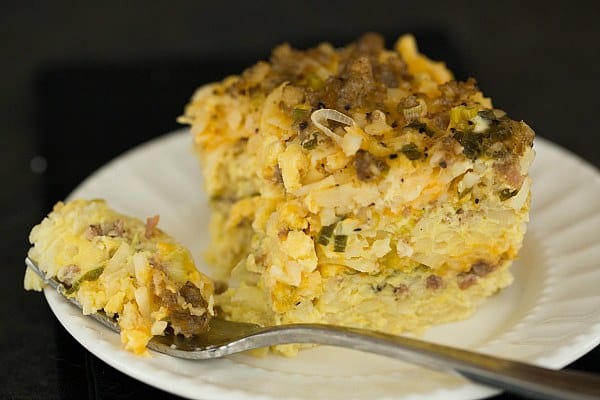 Slow Cooker Sausage, Hash Brown & Cheddar Breakfast Casserole by @browneyedbaker :: www.browneyedbaker.com