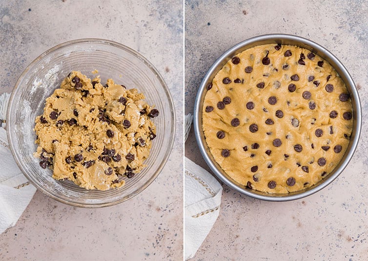 Photo Collage: A bowl of chocolate chip cookie dough + the dough pressed into a round cake pan.