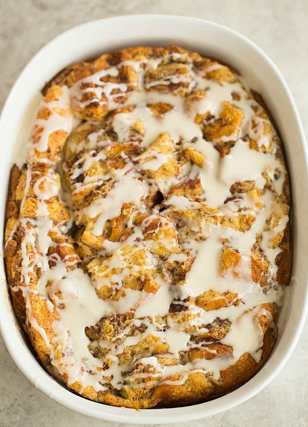 Cinnamon Roll Bread Pudding Breakfast Bake | browneyedbaker.com #recipe