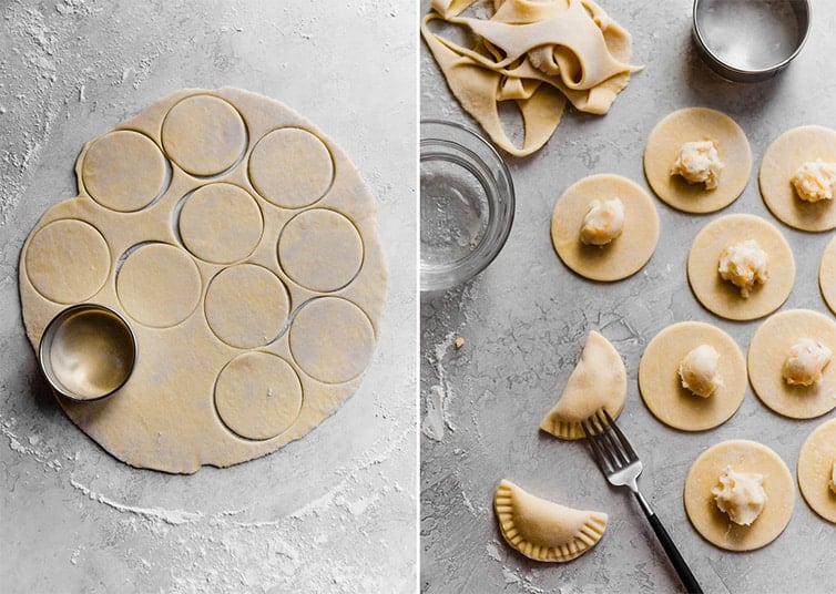 Side by side photos of cutting out pierogi dough and assembling individual pierogi