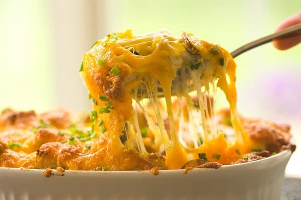 Cheesy Bacon, Mushroom & Spinach Breakfast Strata | browneyedbaker.com #recipe