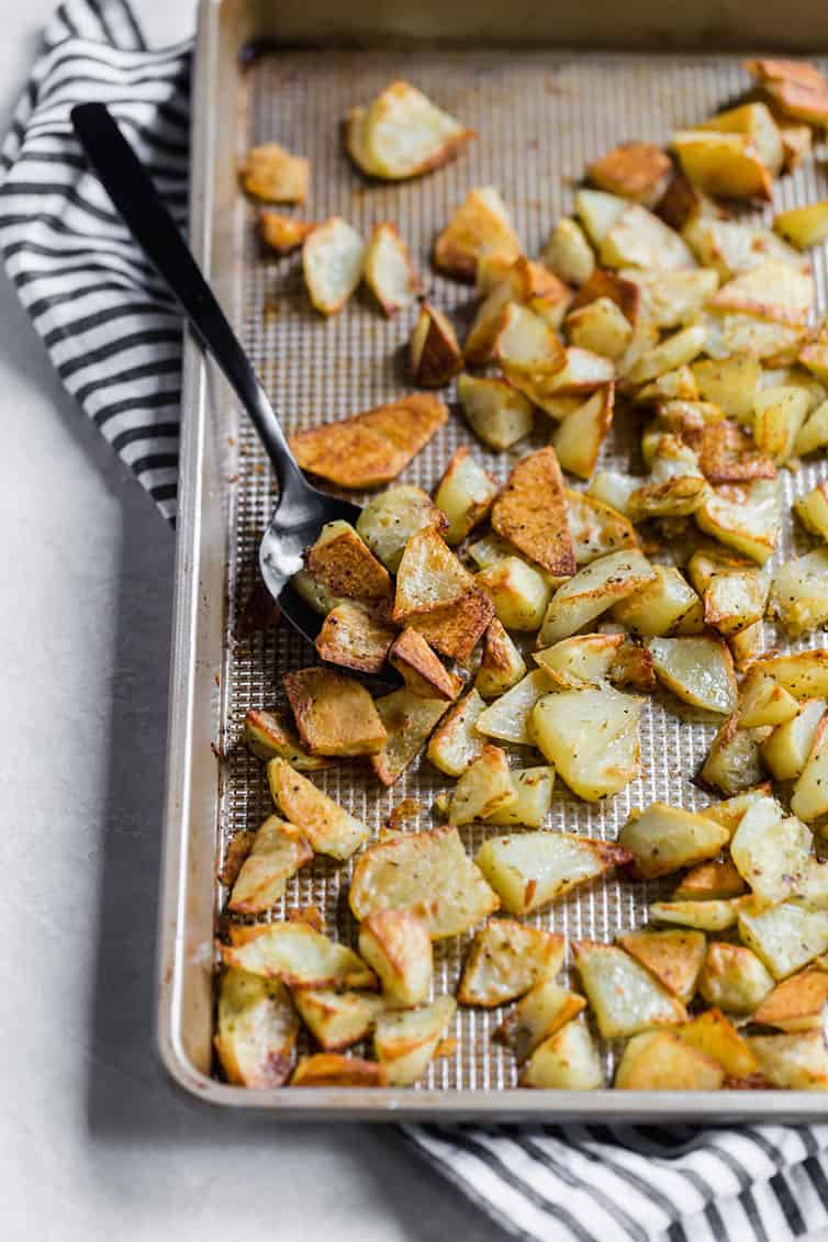 A pan or roasted potatoes after baking.