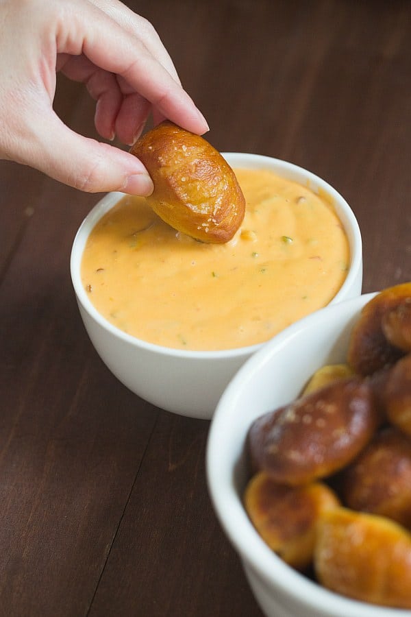 Soft Pretzel Nuggets with Spicy Cheese Dipping Sauce - Brown Eyed