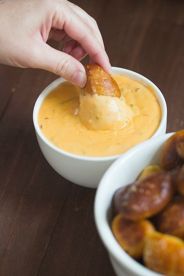 Soft Pretzel Nuggets with Spicy Cheese Dipping Sauce | browneyedbaker.com #recipe