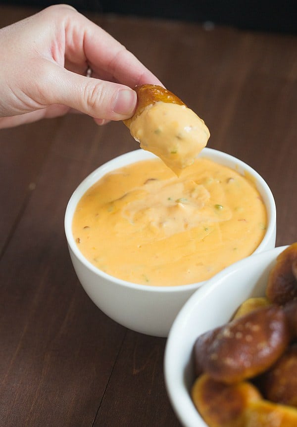 Soft Pretzel Nuggets with Spicy Cheese Dipping Sauce | browneyedbaker.com #recipe