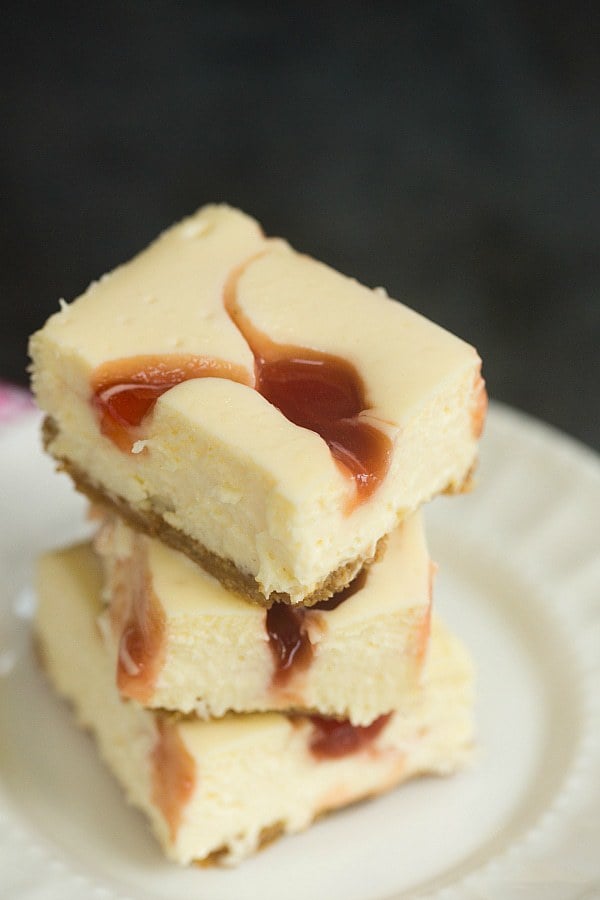 Strawberry Swirl Cheesecake Bars | browneyedbaker.com #recipe