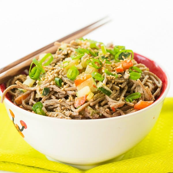 Cold Soba Noodle Salad with Spicy Peanut Sauce | browneyedbaker.com #recipe