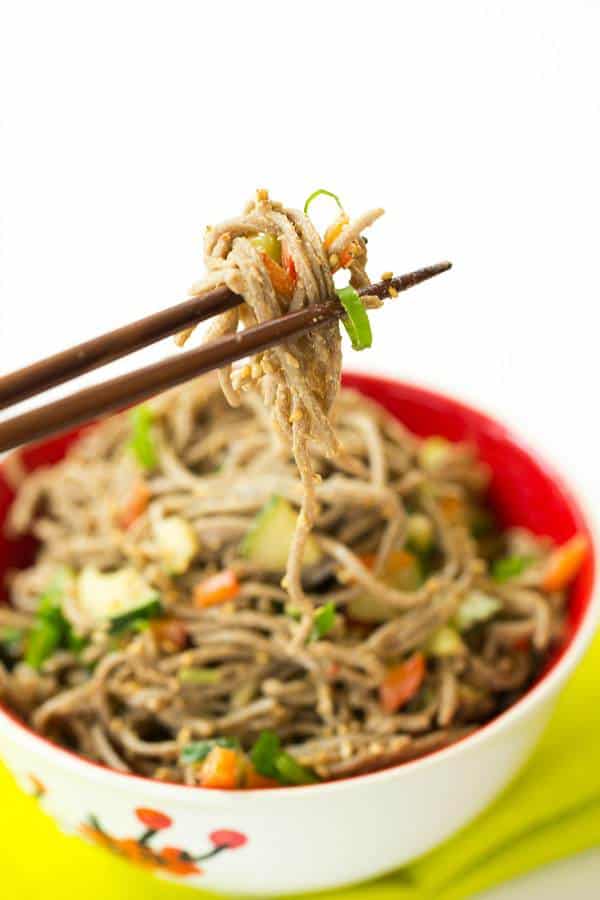 Cold Soba Noodle Salad with Spicy Peanut Sauce | browneyedbaker.com #recipe