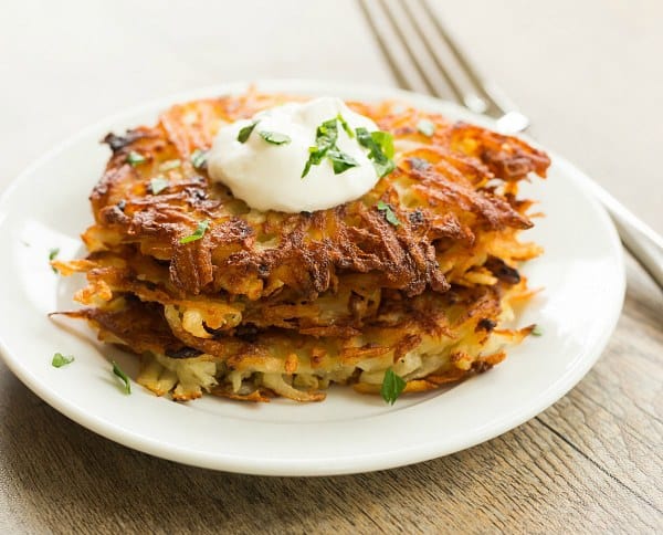 Crispy Potato Latkes | browneyedbaker.com #recipe #oktoberfest #hanukkah