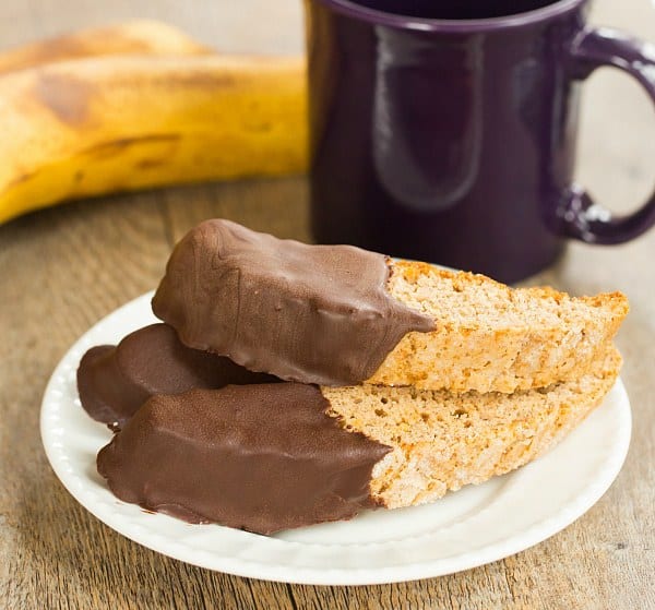 Chocolate-Dipped Banana Bread Biscotti | browneyedbaker.com #recipe
