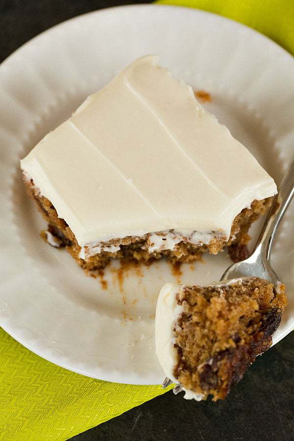 Oatmeal-Raisin Snack Cake with Cream Cheese Frosting | browneyedbaker.com