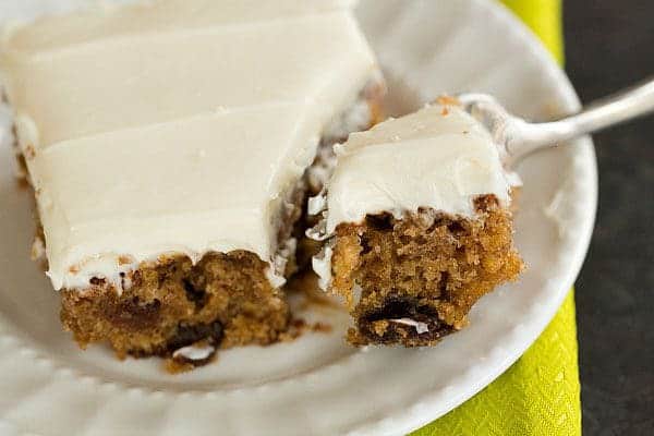 Oatmeal-Raisin Snack Cake with Cream Cheese Frosting | browneyedbaker.com
