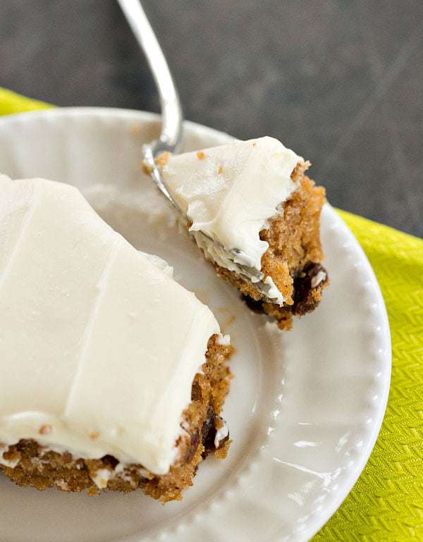 Oatmeal-Raisin Snack Cake with Cream Cheese Frosting | browneyedbaker.com