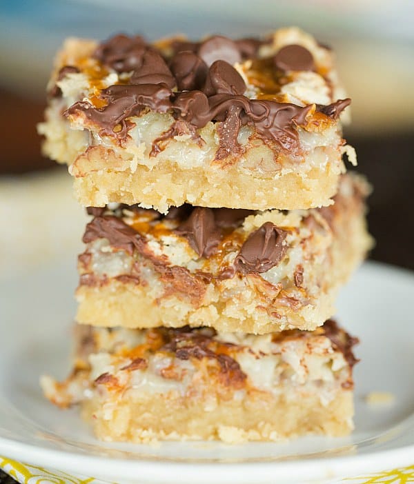 Ultimate Magic Bars - A brown sugar shortbread crust, pecans, coconut, chocolate chips and caramel set in sweetened condensed milk. Easy and delicious! | browneyedbaker.com