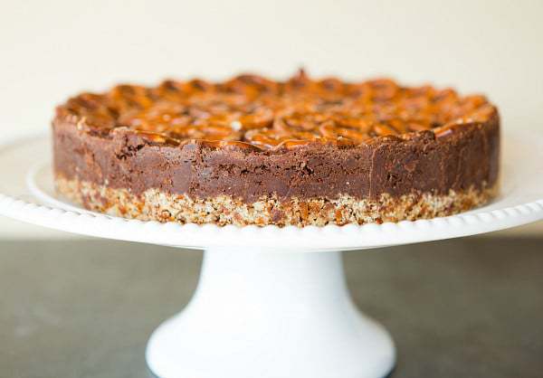 Salted Dark Chocolate Cake with Pretzel Crust | browneyedbaker.com