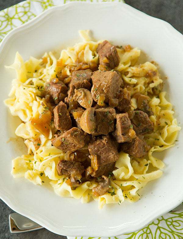 Slow Cooker Beef Tips with Mushrooms and Egg Noodles | browneyedbaker.com