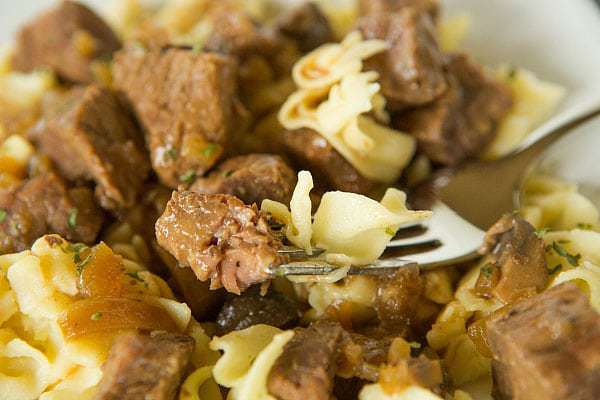 Slow Cooker Beef Tips with Mushrooms and Egg Noodles | browneyedbaker.com