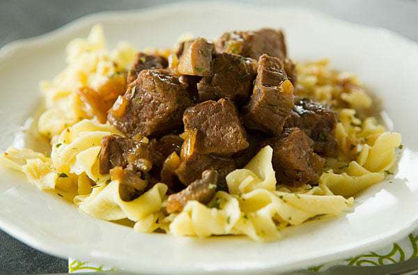 Slow Cooker Beef Tips with Mushrooms and Egg Noodles | browneyedbaker.com