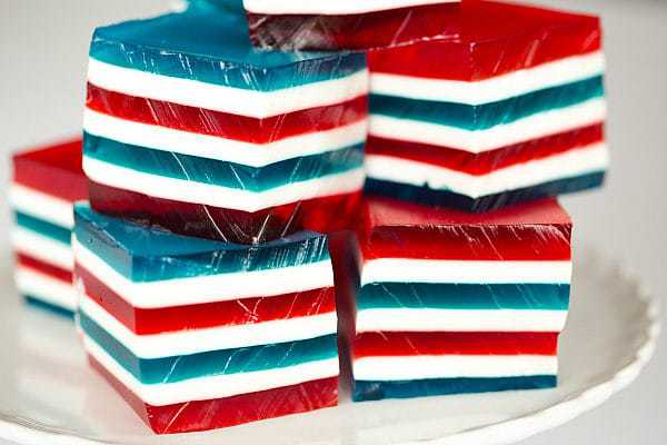 Red, White & Blue Layered Finger Jello, aka Jello Jigglers, aka Knox Blocks | browneyedbaker.com