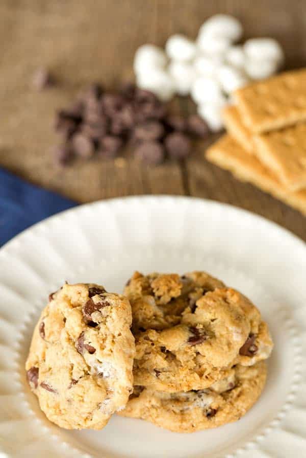 S'mores Cookies made with graham cracker crumbs, mini marshmallows and milk chocolate chips! | browneyedbaker.com