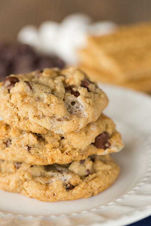 S'mores Cookies made with graham cracker crumbs, mini marshmallows and milk chocolate chips! | browneyedbaker.com