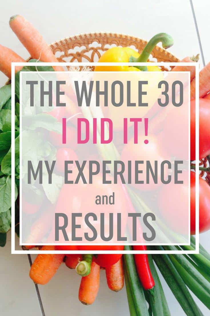 A basket of vegetables with text overlay: "The Whole 30: I DID IT! My Experience and Results"