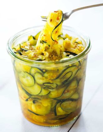 Sweet and Spicy Zucchini Refrigerator Pickles - A perfect recipe for using up your stash of zucchini! | browneyedbaker.com