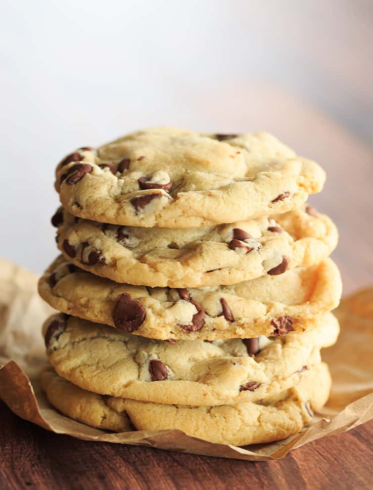 A stack of chewy chocolate chip cookies.