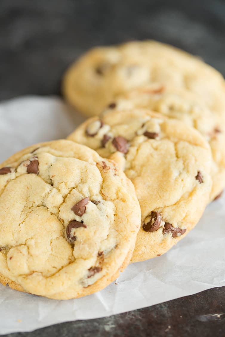 Chocolate chip cookies on a piece of parchment paper.
