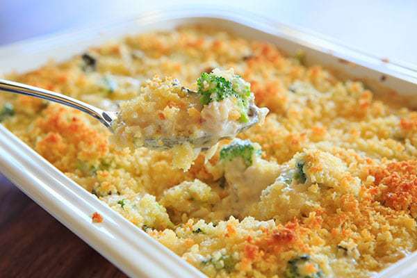 Cheesy Chicken, Broccoli & Rice Casserole - A homemade recipe for chicken, broccoli and rice casserole made completely from scratch with a cheesy cream sauce and topped with buttered breadcrumbs. | browneyedbaker.com