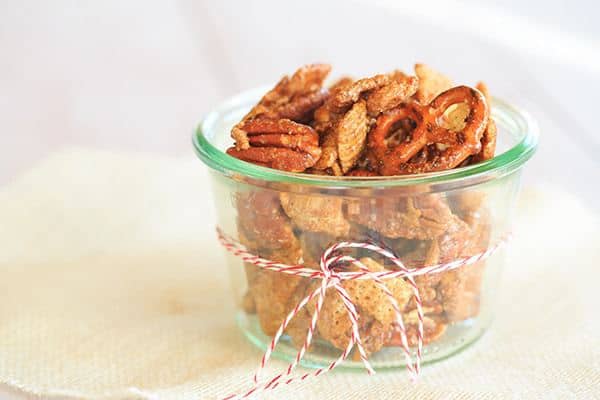 Cinnamon-Sugar Candied Chex Mix with Pecans and Pretzels - A perfect holiday snack and hostess gift! | browneyedbaker.com