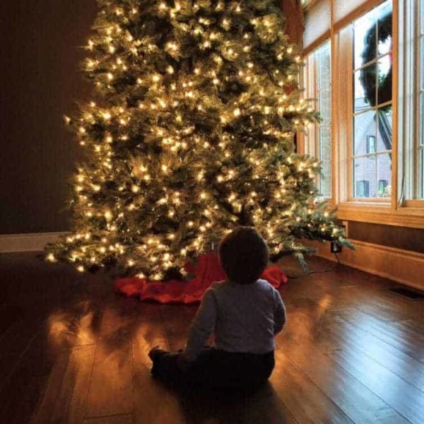 Joseph sitting in front of the Christmas tree...
