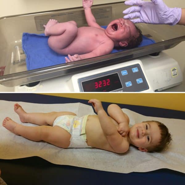 Joseph right after his birth and at his 12-month checkup on his birthday! | browneyedbaker.com