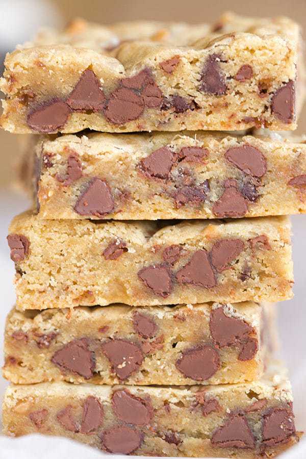 Chocolate Chip and Toffee Blondies spiked with fleur de sel inside and out! Easy, QUICK recipe! One bowl and start to finish recipe time is only 30 minutes!