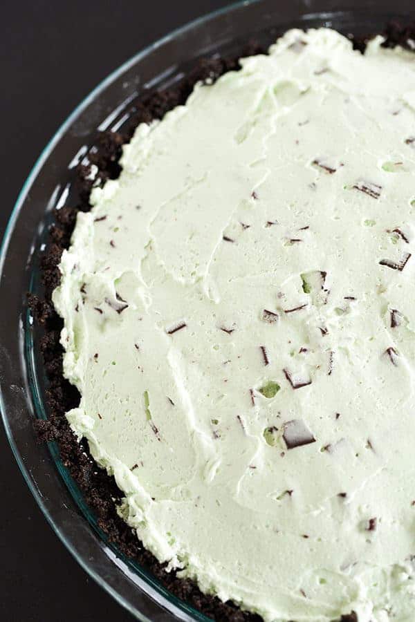 Mint Chocolate Chip Pie - This no-bake pie comes together quickly and is perfect for chocolate and mint lovers. Make it for a St. Patrick's Day celebration!