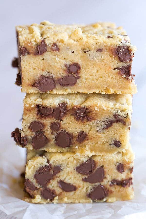 Chocolate chip cookie bars are the perfect easy treat when you're craving your favorite chocolate chip cookies but don't want to wait for dough to chill or to scoop out cookies!